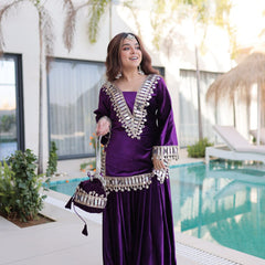 Wine Purple Ice Velvet Zari & Mirror Work Top with Flared Palazzo Set
