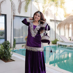 Wine Purple Ice Velvet Zari & Mirror Work Top with Flared Palazzo Set