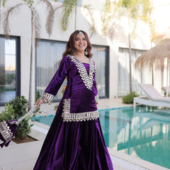 Wine Purple Ice Velvet Zari & Mirror Work Top with Flared Palazzo Set