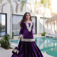 Wine Purple Ice Velvet Zari & Mirror Work Top with Flared Palazzo Set