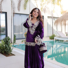 Wine Purple Ice Velvet Zari & Mirror Work Top with Flared Palazzo Set
