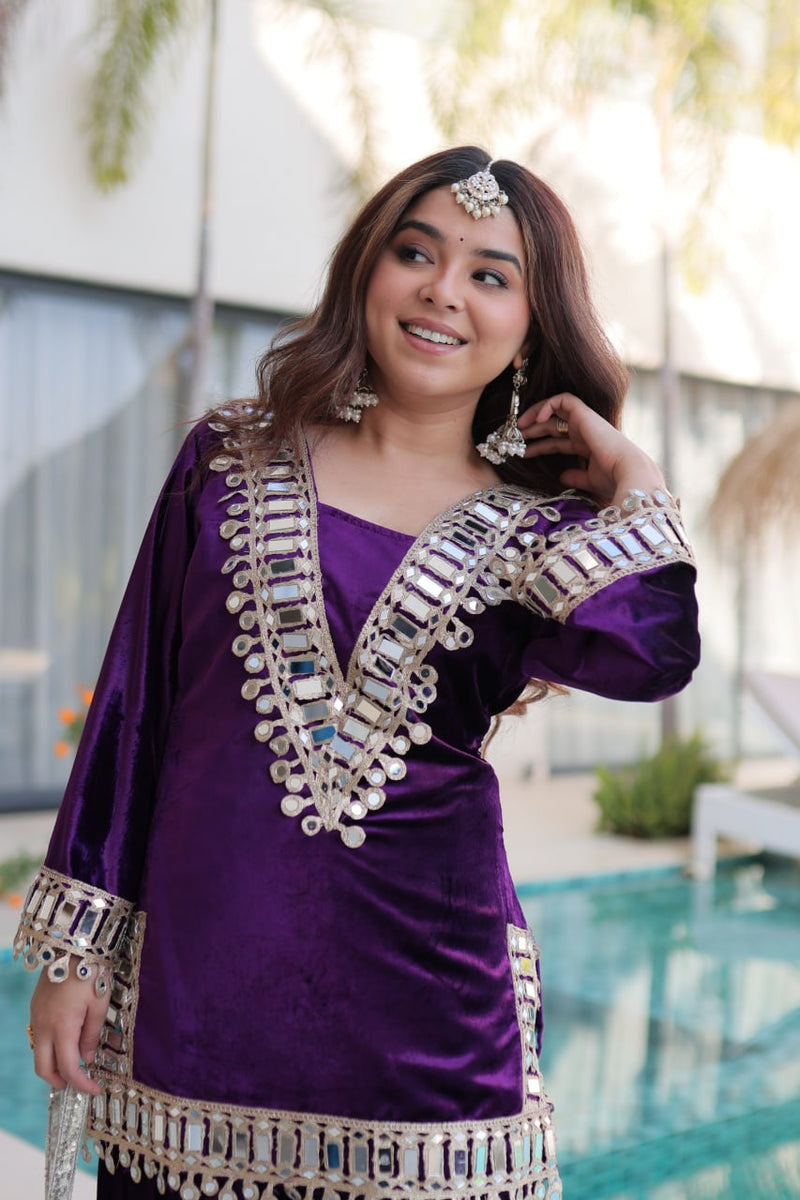 Wine Purple Ice Velvet Zari & Mirror Work Top with Flared Palazzo Set