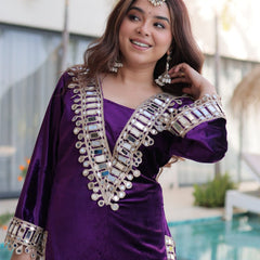 Wine Purple Ice Velvet Zari & Mirror Work Top with Flared Palazzo Set