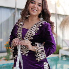 Wine Purple Ice Velvet Zari & Mirror Work Top with Flared Palazzo Set