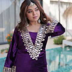 Wine Purple Ice Velvet Zari & Mirror Work Top with Flared Palazzo Set