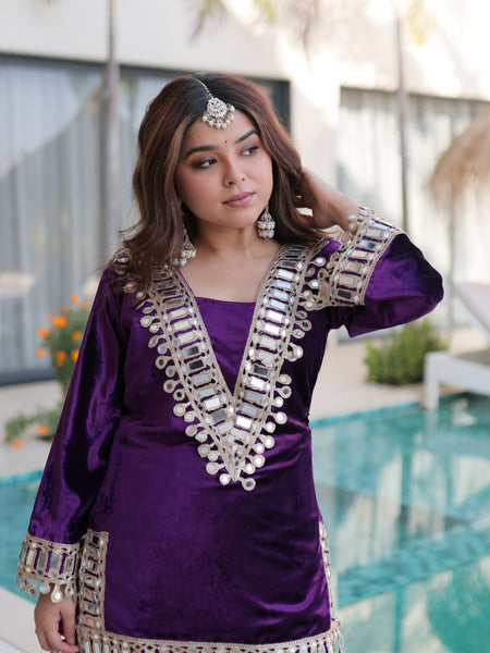 Wine Purple Ice Velvet Zari & Mirror Work Top with Flared Palazzo Set