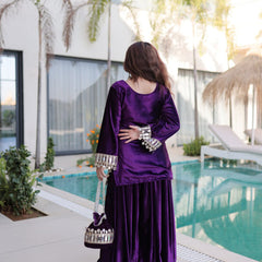 Wine Purple Ice Velvet Zari & Mirror Work Top with Flared Palazzo Set