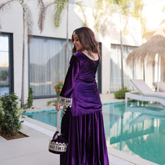 Wine Purple Ice Velvet Zari & Mirror Work Top with Flared Palazzo Set