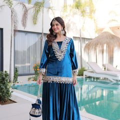 Teal Blue Ice Velvet Zari & Mirror Work Top with Flared Palazzo Set