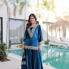 Teal Blue Ice Velvet Zari & Mirror Work Top with Flared Palazzo Set