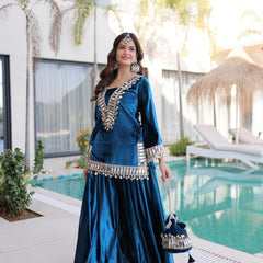 Teal Blue Ice Velvet Zari & Mirror Work Top with Flared Palazzo Set