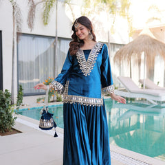 Teal Blue Ice Velvet Zari & Mirror Work Top with Flared Palazzo Set