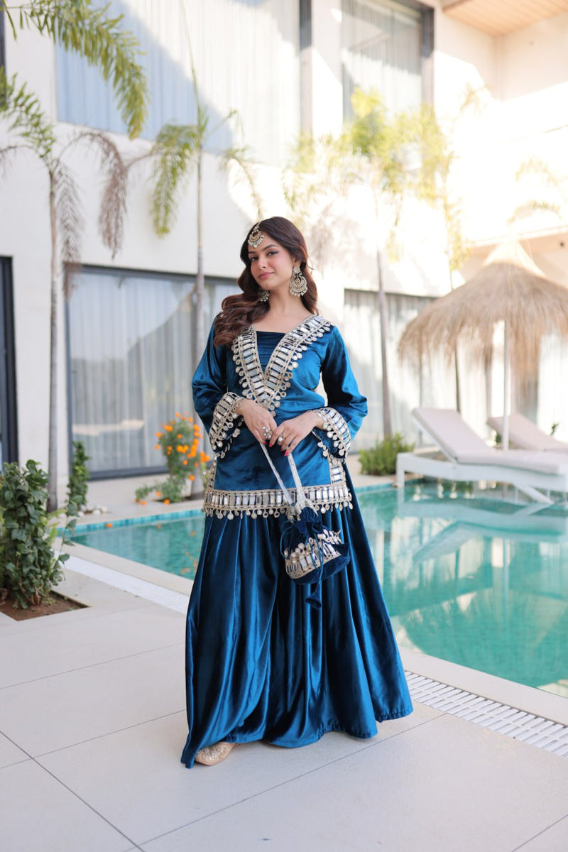 Teal Blue Ice Velvet Zari & Mirror Work Top with Flared Palazzo Set