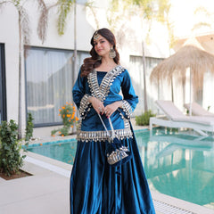 Teal Blue Ice Velvet Zari & Mirror Work Top with Flared Palazzo Set