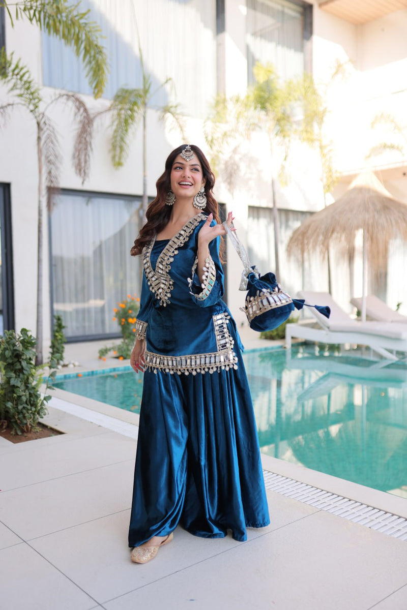 Teal Blue Ice Velvet Zari & Mirror Work Top with Flared Palazzo Set
