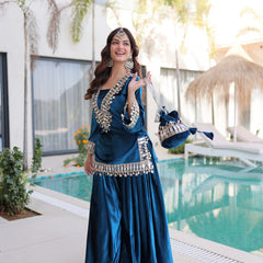 Teal Blue Ice Velvet Zari & Mirror Work Top with Flared Palazzo Set