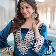 Teal Blue Ice Velvet Zari & Mirror Work Top with Flared Palazzo Set