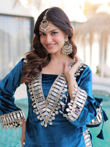 Teal Blue Ice Velvet Zari & Mirror Work Top with Flared Palazzo Set
