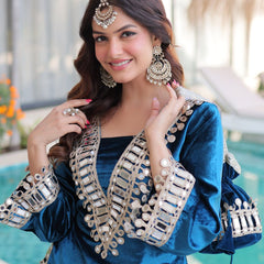 Teal Blue Ice Velvet Zari & Mirror Work Top with Flared Palazzo Set