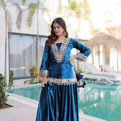 Teal Blue Ice Velvet Zari & Mirror Work Top with Flared Palazzo Set