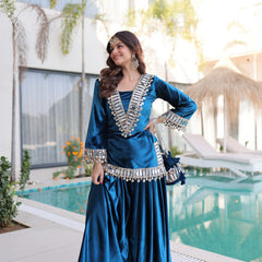 Teal Blue Ice Velvet Zari & Mirror Work Top with Flared Palazzo Set