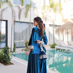 Teal Blue Ice Velvet Zari & Mirror Work Top with Flared Palazzo Set