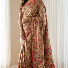 Beige Ethnic Saree with Vibrant Ajarakh Print & Real Mirrors