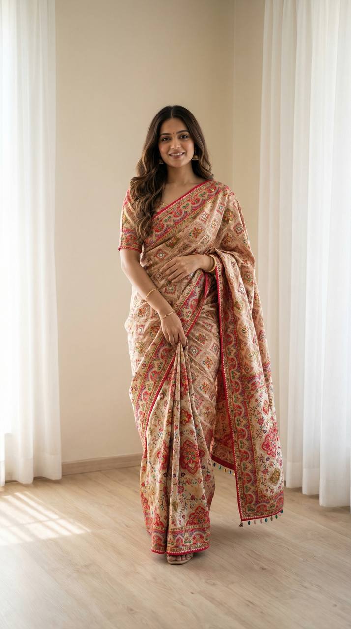 Beige Ethnic Saree with Vibrant Ajarakh Print & Real Mirrors