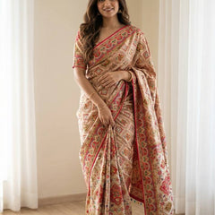 Beige Ethnic Saree with Vibrant Ajarakh Print & Real Mirrors