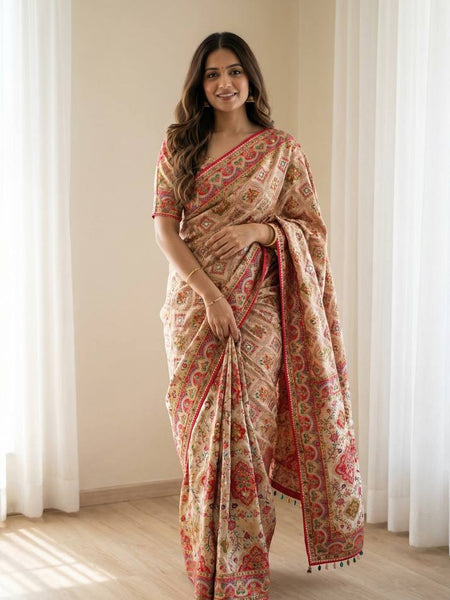 Beige Ethnic Saree with Vibrant Ajarakh Print & Real Mirrors