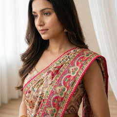 Beige Ethnic Saree with Vibrant Ajarakh Print & Real Mirrors