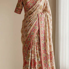 Beige Ethnic Saree with Vibrant Ajarakh Print & Real Mirrors