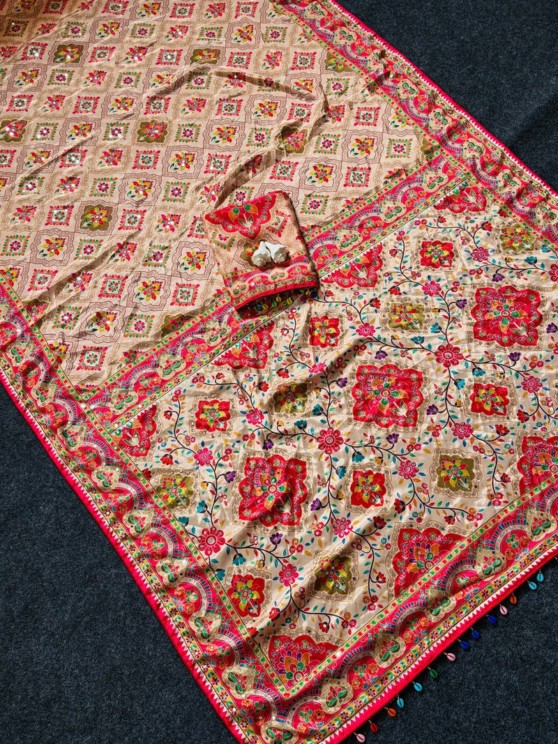 Beige Ethnic Saree with Vibrant Ajarakh Print & Real Mirrors