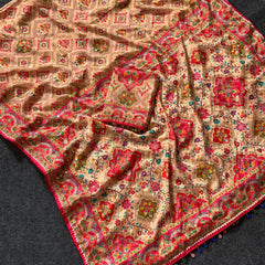 Beige Ethnic Saree with Vibrant Ajarakh Print & Real Mirrors