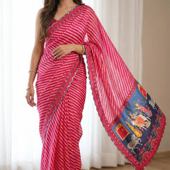 Red Leheriya Chinon Saree with Gopi Kana Print & Rich Mirror Work