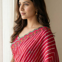Red Leheriya Chinon Saree with Gopi Kana Print & Rich Mirror Work