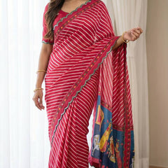 Red Leheriya Chinon Saree with Gopi Kana Print & Rich Mirror Work
