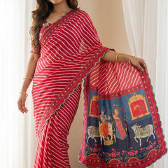 Red Leheriya Chinon Saree with Gopi Kana Print & Rich Mirror Work