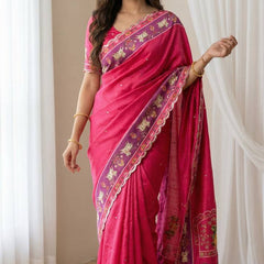 Royal Pink Aari Mirror Foil Work Printed Chinon Saree with Running Blouse