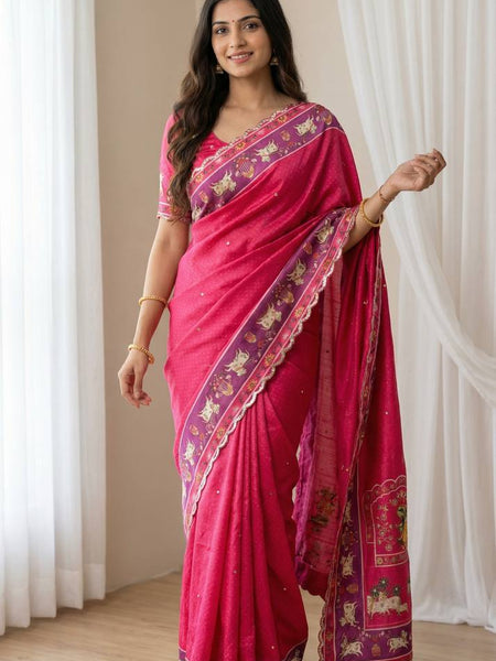 Royal Pink Aari Mirror Foil Work Printed Chinon Saree with Running Blouse