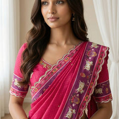Royal Pink Aari Mirror Foil Work Printed Chinon Saree with Running Blouse