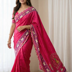 Royal Pink Aari Mirror Foil Work Printed Chinon Saree with Running Blouse