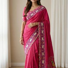 Royal Pink Aari Mirror Foil Work Printed Chinon Saree with Running Blouse