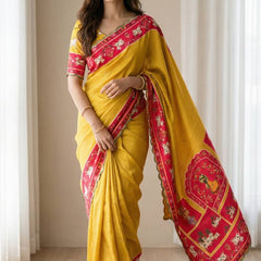 Mustard Yellow Chinon Saree with Pichwai Print & Mirror Work Border