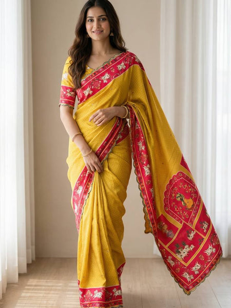 Mustard Yellow Chinon Saree with Pichwai Print & Mirror Work Border