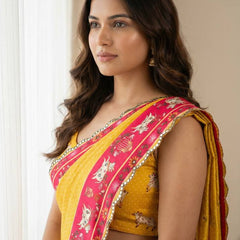 Mustard Yellow Chinon Saree with Pichwai Print & Mirror Work Border