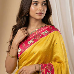 Mustard Yellow Chinon Saree with Pichwai Print & Mirror Work Border