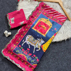 Red Leheriya Chinon Saree with Gopi Kana Print & Rich Mirror Work
