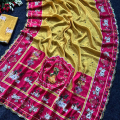 Mustard Yellow Chinon Saree with Pichwai Print & Mirror Work Border