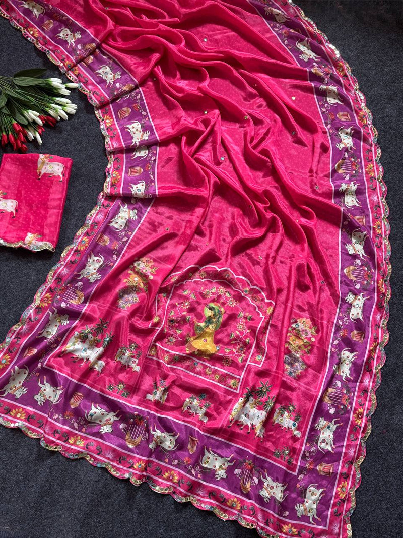 Royal Pink Aari Mirror Foil Work Printed Chinon Saree with Running Blouse